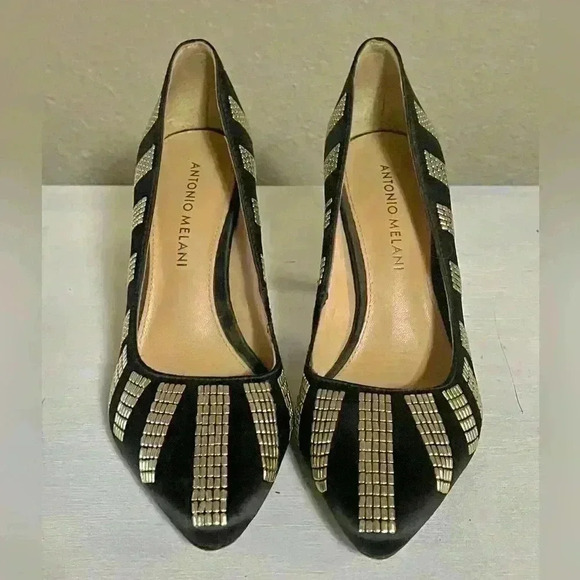 ANTONIO MELANI, black/gold studs, pointed toe, 3 1/2" heel, SZ: 6.5M - Picture 3 of 11